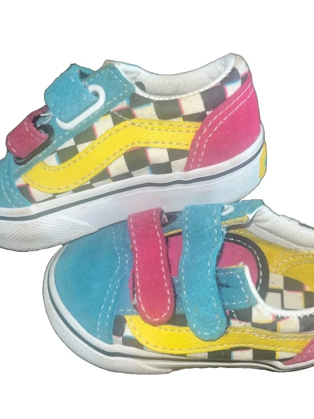 Old Skool Vans Crazy Checks Infant Baby Size 3 Teal Yellow Red